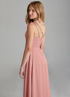 Azazie Maron Junior Rosette A-Line Pleated Stretch Satin Dress image2