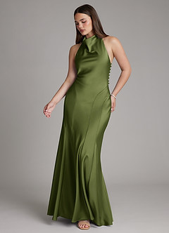 Azazie Sahara Bridesmaid Dresses Olive A-Line Pleated Stretch Satin Dress image6