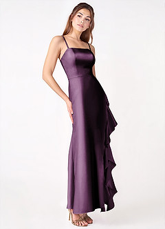 Azazie Ella Bridesmaid Dresses Plum Sheath Side Slit Metallic Satin Dress image3