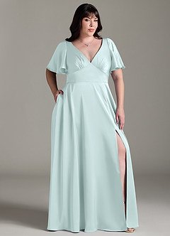 Azazie Kimber Bridesmaid Dresses Sea Glass A-Line Ruched Stretch Satin Dress image9