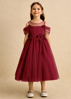 Azazie Juni Flower Girl Dresses Burgundy Ball-Gown Pleated Tulle Dress image5