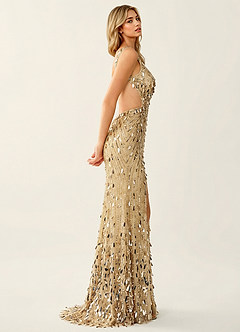 Veda Champagne Robe de bal sirène scintillante à col en V et fente haute image6