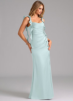 Azazie Jessamine Bridesmaid Dresses Sea Glass A-Line Corset Stretch Satin Dress image4
