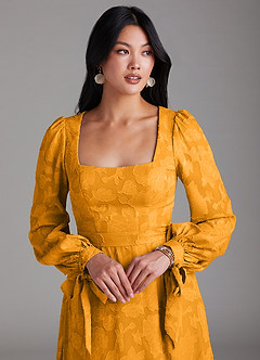 Azazie Leonia At-home Try On Dresses Butterscotch A-Line Long Sleeve Floral Burnout Dress image6