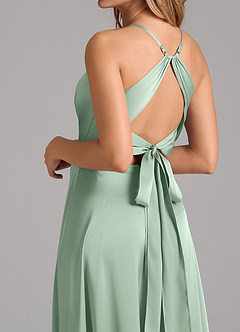 Azazie Evalleen Bridesmaid Dresses Agave A-Line Pleated Stretch Satin Dress image2