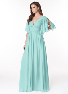 Azazie Temeka Bridesmaid Dresses Aqua A-Line Ruched Chiffon Dress image3