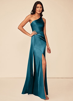 Azazie Maron Bridesmaid Dresses Ink Blue A-Line One Shoulder Stretch Satin Dress image3