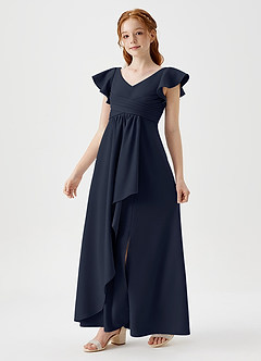 Azazie Omari Junior Dark Navy A-Line Pleated Stretch Crepe Dress image1