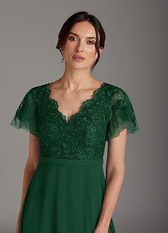 Azazie Singer vestidos de madre de la novia Vestido de Verde Oscuro de Gasa de Corte En A con Encaje Cuello V image6