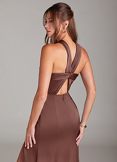 Azazie Rue Bridesmaid Dresses Espresso A-Line Pleated Stretch Satin Dress image2