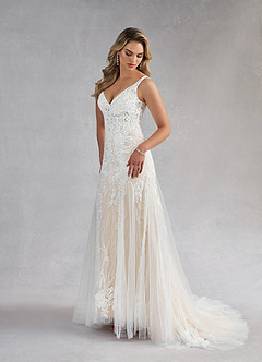 Azazie Konstantin Abiti da Sposa Abito Sirena in Tulle Lustrini Bianco Diamante Champagne image2