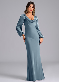Azazie Rylina Bridesmaid Dresses Dusty Blue Mermaid Long Sleeve Stretch Satin Dress image4
