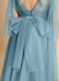 Azazie Dori Robe Demoiselle D'honneur Fillette Robe Trapèze en Tulle Rayé Bleu Maussade image7