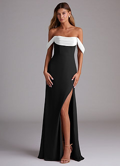 Azazie Saige Bridesmaid Dresses Ivory Black A-Line Off the Shoulder Chiffon Convertible Dress image1