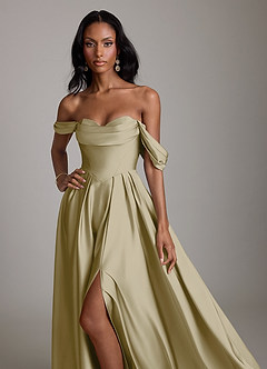 Azazie Loisa Abiti da Damigella Abito A-Line in Raso Elasticizzato a Spalla Scoperta Verde Muschio image5