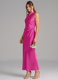 Azazie Evadne Vestidos de damas de honor Vestido de Fucsia de Satén Elástico de Corte Recto con Plisado image1