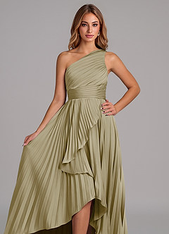 Azazie Lyrica 신부 들러리 드레스 A라인 한쪽 어깨 스트레치 새틴 비대칭 드레스 image4