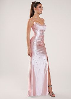 Nogolla Roz Rochie de bal din satin elastic, cu mărgele și strasuri image4