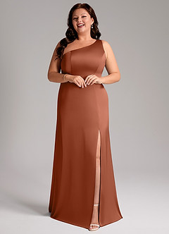 Azazie Phaedra Bridesmaid Dresses Cedar Rose A-Line One Shoulder Stretch Satin Dress image13