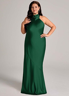 Azazie Velli Vestidos de damas de honor Vestido de Verde Oscuro de Satén Elástico de Corte Sirena con Cuello Alto image8