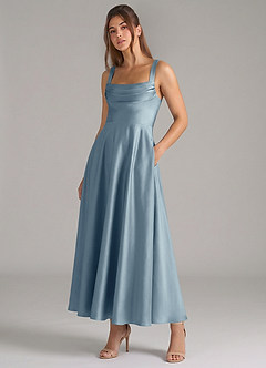 Azazie Shaude Bridesmaid Dresses Dusty Blue A-Line Pleated Stretch Satin Dress image5