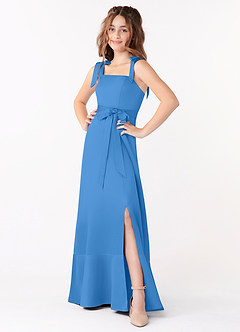 Azazie Barbara Junior Abito A-Line in Raso Opaco Fiocco Blue Jay image1