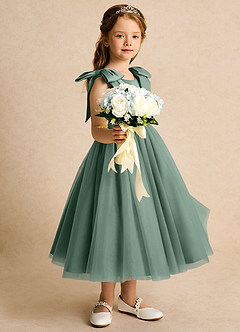 Azazie Serene Abiti da Ragazza di Fiori Abito Principessa in Raso Opaco Fiocco Eucalipto image5