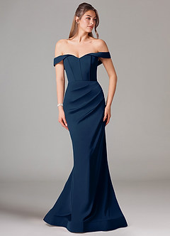 Azazie Everly Bridesmaid Dresses Dark Navy Mermaid Off the Shoulder Stretch Satin Convertible Dress image3