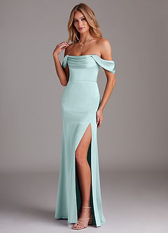 Azazie Saige Bridesmaid Dresses Sea Glass Sheath Off the Shoulder Stretch Satin Dress image5