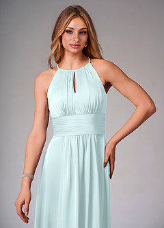 Azazie Bonnie Bridesmaid Dresses Sea Glass A-Line Pleated Stretch Satin Dress image5