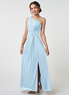 Azazie Brooke Junior Abito A-Line in Maglia Plissettato Azzurro image3