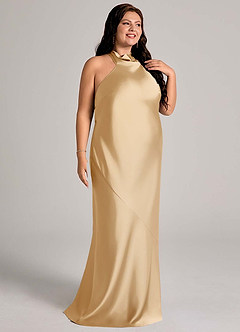Azazie Velli Bridesmaid Dresses Gold Mermaid High Neck Stretch Satin Dress image10