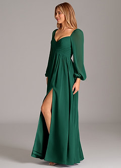Azazie Alia Bridesmaid Dresses Emerald A-Line Long Sleeve Chiffon Dress image3
