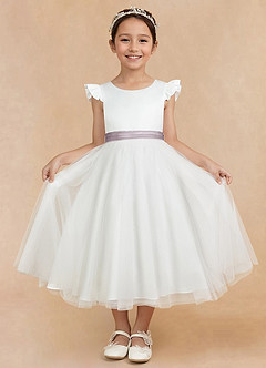 Azazie Hemi Blumenmädchenkleider A-Linie Schleifen Tüll Kleid Elfenbein Dämmerung image3