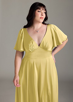 Azazie Kimber Bridesmaid Dresses Canary A-Line Ruched Stretch Satin Dress image11