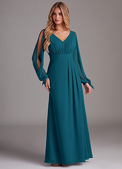 Azazie Matilda Final Sale Ink Blue A-Line Long Sleeve Chiffon Dress image4
