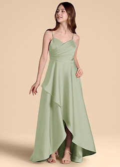 Azazie Prisha Junior Robe Trapèze en Satin extensible Plissée Vert Sauge image4