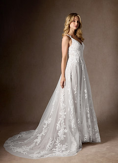 Azazie Delaina Wedding Dresses Diamond White A-Line V-Neck Sequins Tulle Dress image7