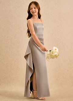 Azazie Cannoli Girls Formal Flower Girl Dresses Taupe A-Line Pleated Stretch Satin Dress image4
