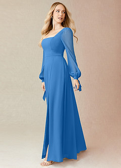 Azazie Leonia Bridesmaid Dresses Blue Jay A-Line Long Sleeve Chiffon Dress image4