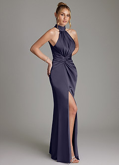 Azazie Gracelynn Robes de demoiselle d'honneur Robe Fourreau en Satin extensible Plissée Bleu Orageux image7
