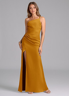 Azazie Eren Bridesmaid Dresses Butterscotch Mermaid One Shoulder Stretch Satin Dress image1