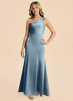 Azazie Ren Junior Robe Trapèze en Satin extensible Plissé Bleu Poussiéreux image4