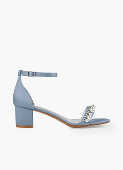 Matching Color Matte Satin Pearl and Rhinestone Block Heel Sandals
