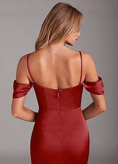 Azazie Saige Bridesmaid Dresses Pomegranate Sheath Off the Shoulder Stretch Satin Dress image8