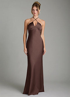 Azazie Camille Robes de demoiselle d'honneur Robe Fourreau en Satin extensible Fente Latérale Ganache image1