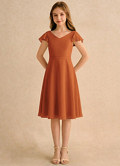 Azazie Narin Girls Formal Robe Demoiselle D'honneur Fillette Robe Trapèze en Mousseline de soie avec manches Cannelle image5