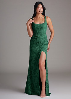 Azazie Mero Bridesmaid Dresses Dark Green Sheath Pleated Floral Burnout Dress image1