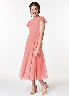 Azazie Payton Junior Coral A-Line Bow Chiffon Dress image4