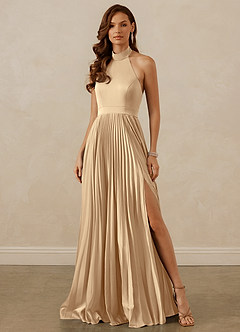 Christian Siriano Bridal for Azazie 1007 Bridesmaid Dresses Champagne A-Line Pleated Stretch Satin Dress image1